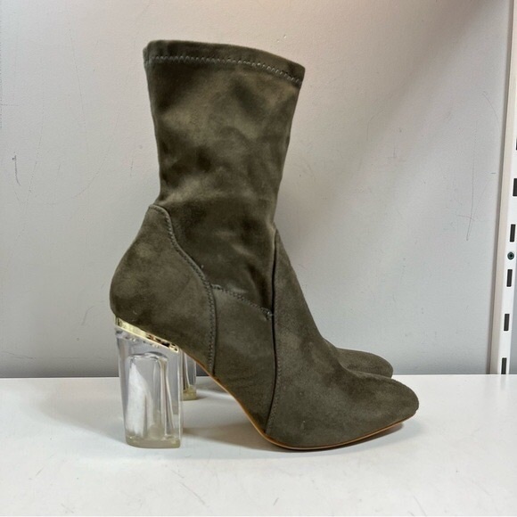 Shoes - Olive Suede Ankle Boots with Clear Heel